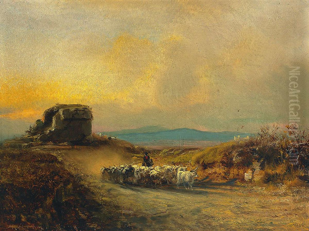 Heimkehrende Langhornrinder in der Romischen Campagna. Abendstimmung Oil Painting by Albert Arnz Heimkehrende Langhornrinder in der Romischen Campagna. Abendstimmung Oil Painting by Albert Arnz