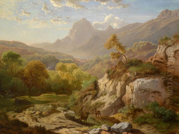 Rotwild in einer weiten Gebirgslandschaft Oil Painting by unknown