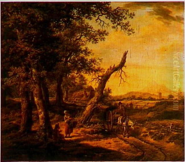 Drents landschap met een paard en wagen Oil Painting by Pieter Pietersz Barbiers II
