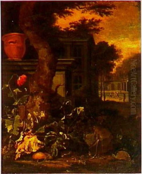 Plant still life in a garden with a view of a summer house Oil Painting by Abraham Begeyn