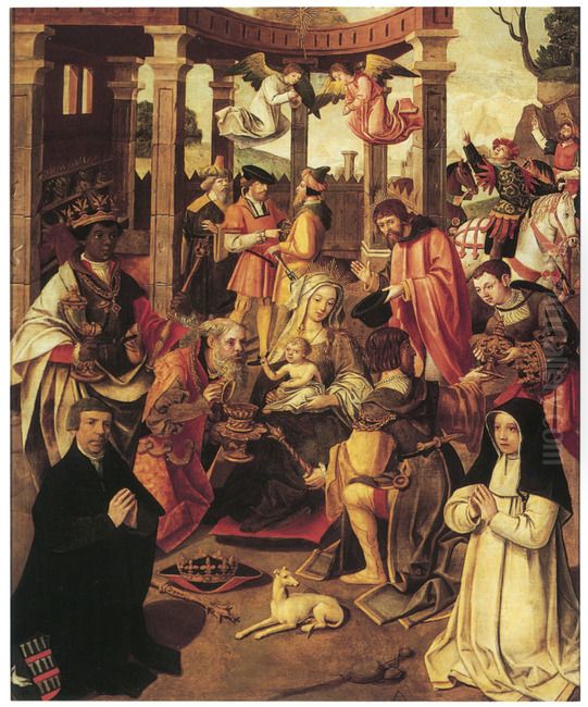 The adoration of the magi with portrait of Claes Hendricksz. Basgen (1488-1563) and Neel Claesdr. Basgen (1528-1594) Oil Painting by Jacob Cornelisz Van Oostsanen