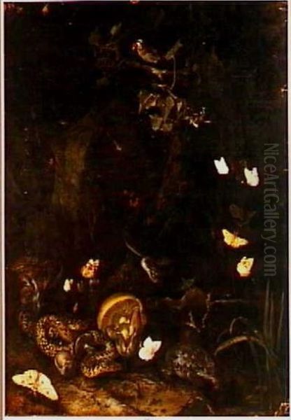 Forest ground still life with mushrooms, a toad, snakes and a goldfinch Oil Painting by Otto Marseus van Schrieck