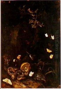 Forest ground still life with mushrooms, a toad, snakes and a goldfinch