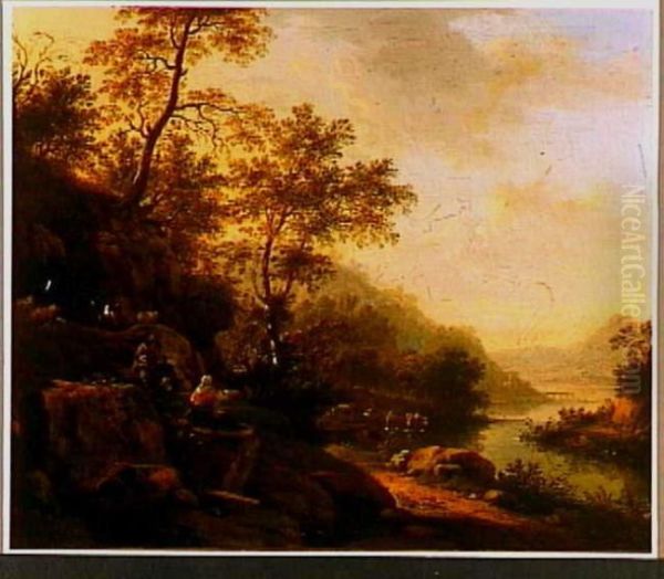 Italiaans landschap met rustend vee en herders bij een Oil Painting by Jan Both