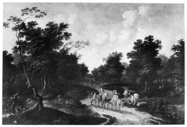 Boslandschap met jagers op een zandweg Oil Painting by Pieter Bout