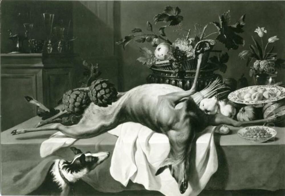 Hunter's trophies with deer, fruit and a dog Oil Painting by Peter van Boucle