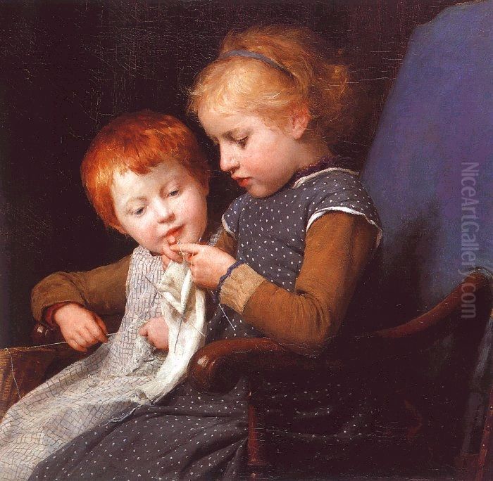 The little knitters Oil Painting by Albert Anker