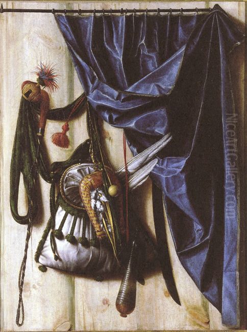 Trompe l'oeil with falconry equipment, whip and hunting knife Oil Painting by Cornelis Norbertus Gijsbrechts