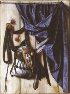 Trompe l'oeil with falconry equipment, whip and hunting knife
