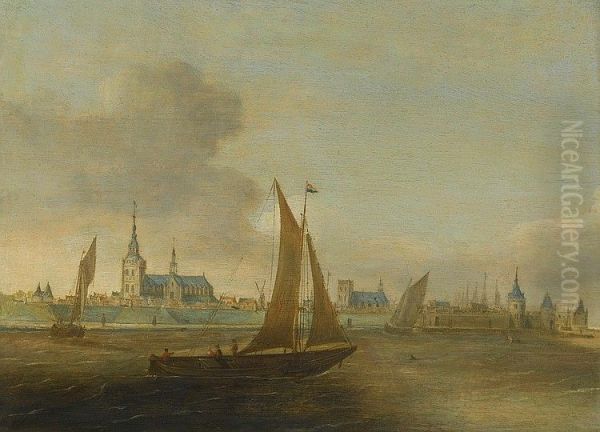 Ships off the coast near a town Oil Painting by Hans Goderis