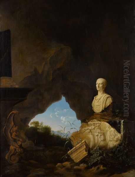 Cave interior with a bust and fragments of antique sculpture Oil Painting by Petrus Van Hattich