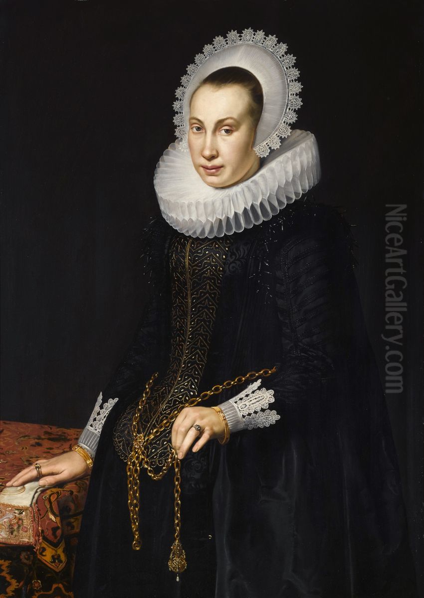 Portrait of a young woman in a black damask dress with a ruff and white lace Oil Painting by Cornelis van der Voort