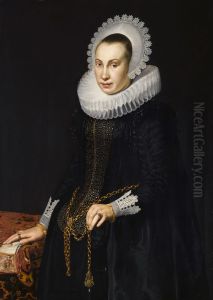 Portrait of a young woman in a black damask dress with a ruff and white lace