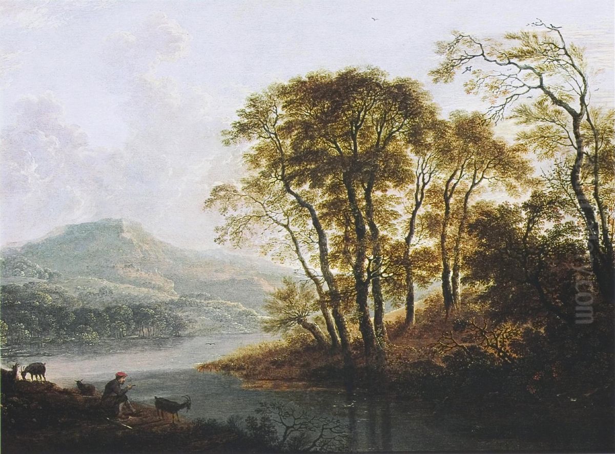 Boomrijk rivierlandschap met geitenhoeder Oil Painting by Cornelis Matthieu