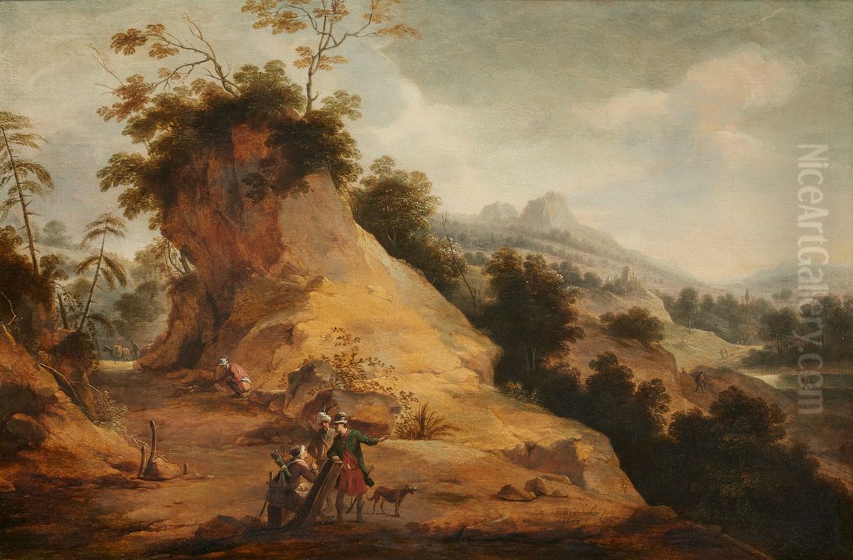 Rocky landscape with hunters wearing oriental costume, conversing on a rocky path Oil Painting by Aert Jansz Marienhof Rocky landscape with hunters wearing oriental costume, conversing on a rocky path Oil Painting by Aert Jansz Marienhof