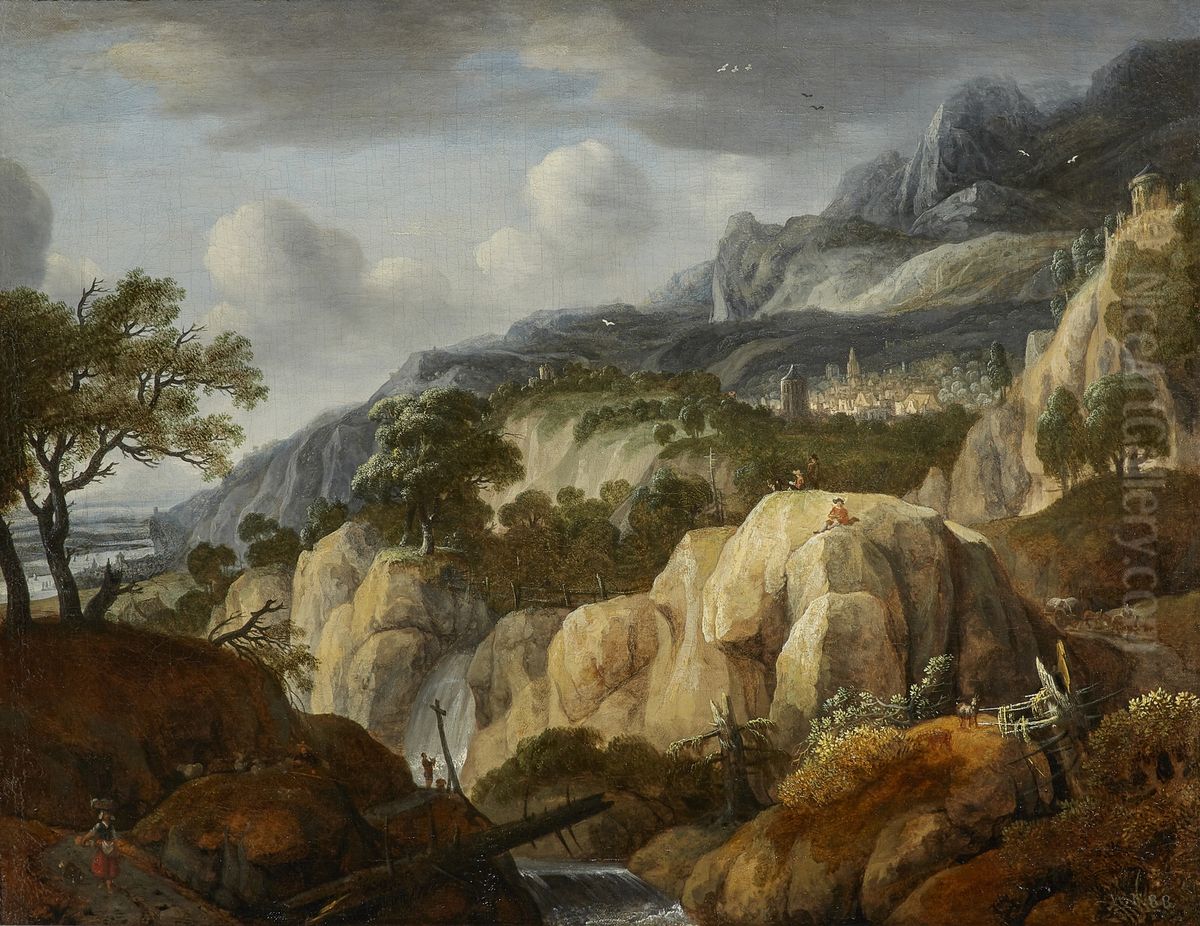 Mountain landscape with a draughtsman Oil Painting by Jan Looten