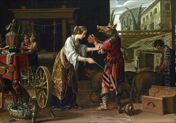 Ulysses' companions changed into swine by Circe, the enchantress Oil Painting by Jan Tengnagel