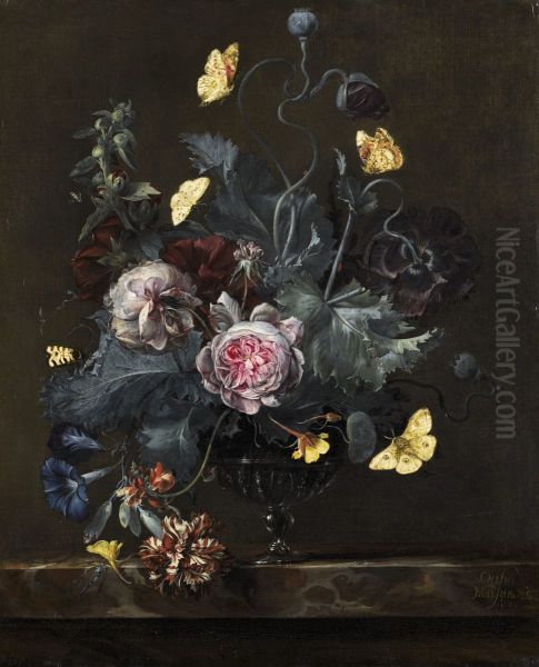 Flowers in a glass vase, with butterflies, on a marble ledge Oil Painting by Otto Marseus van Schrieck