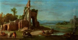An Italianate landscape with ruins
