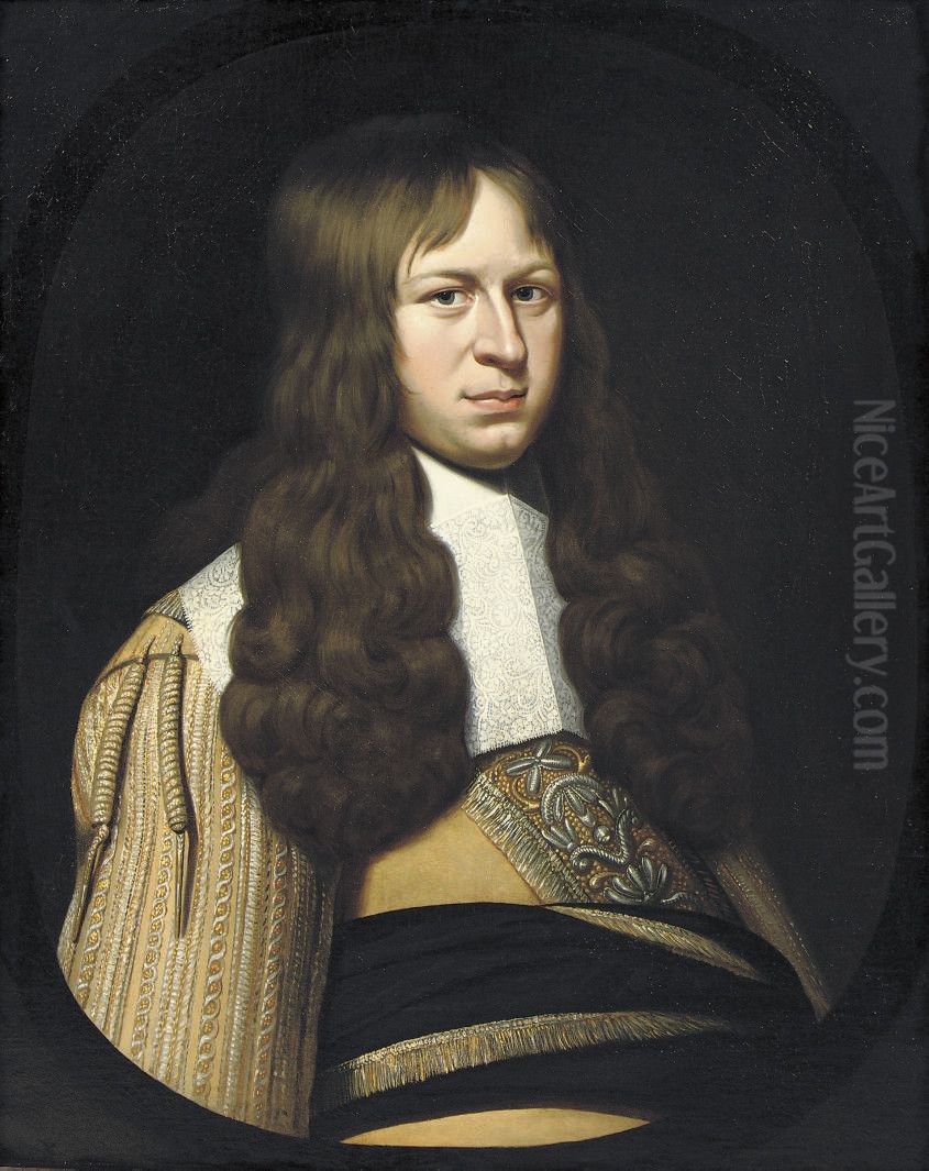 Portrait of an officer, half-length, in a yellow costume with gold embroidered sash, in a painted oval Oil Painting by Jan Van Rossum