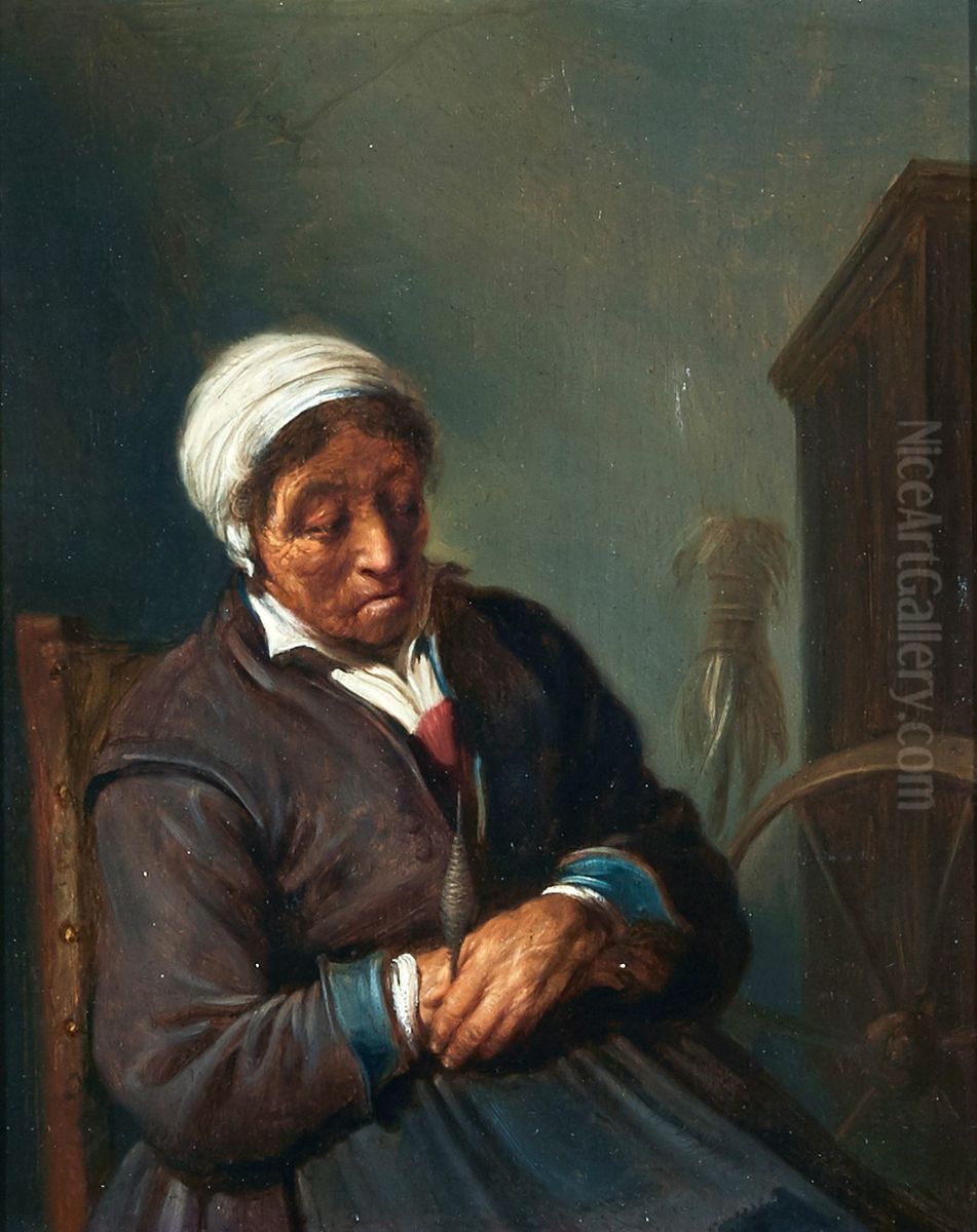 Oude vrouw bij een spinnewiel Oil Painting by unknown