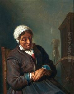 Oude vrouw bij een spinnewiel