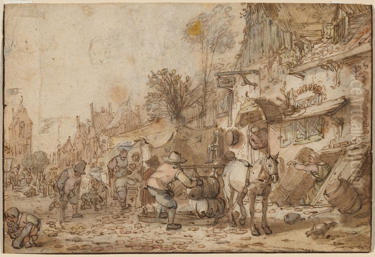 Workmen before an Inn Oil Painting by Isaac Van Ostade