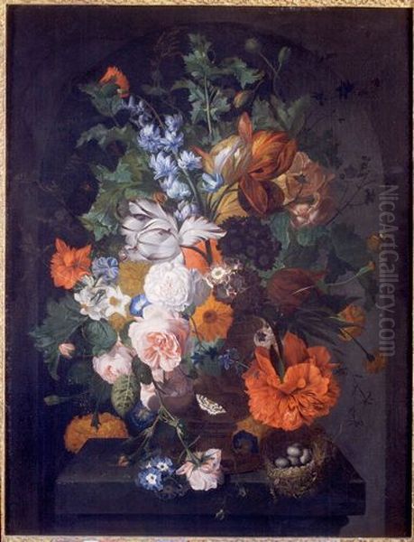 Flowers on a stone ledge with a bird's nest Oil Painting by Coenraet Roepel