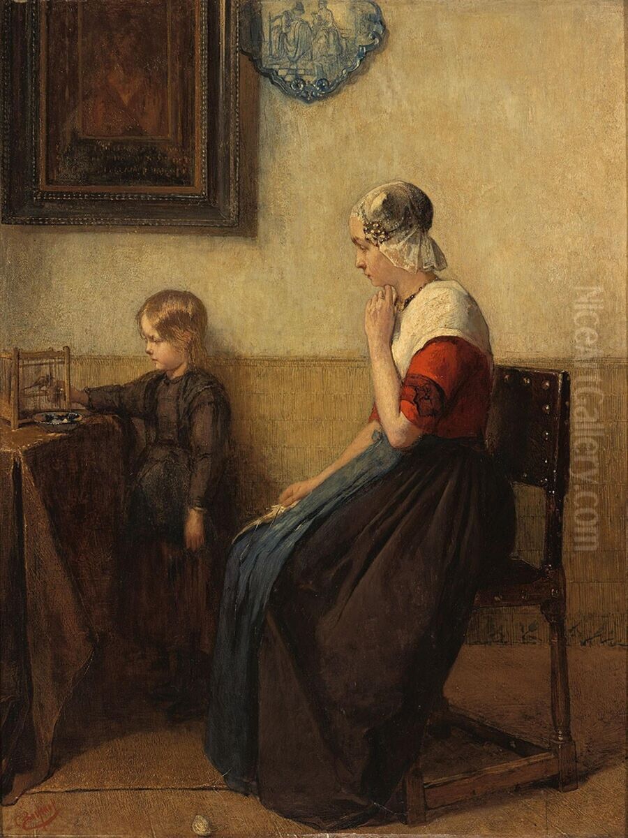 Friesch interieur met jonge boerin en meisje Oil Painting by Christoffel Bisschop