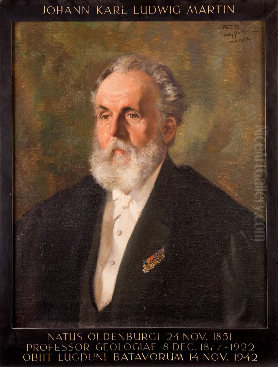 Portret van Johann Karl Ludwig Martin, hoogleraar Geologie, mineralogie, kristallografie en paleontologie te Leiden Oil Painting by Jan Willem Sluiter