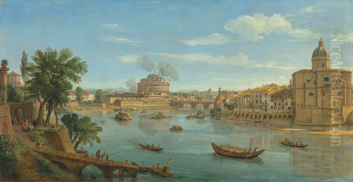 Zicht op de Tiber in Rome met de Engelenburcht Oil Painting by (circle of) Wittel, Gaspar van (Vanvitelli)