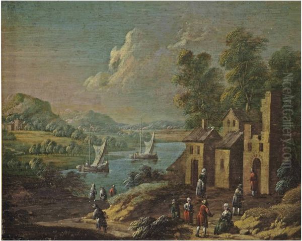 A river landscape with a village scene in the foreground Oil Painting by Marc Baets
