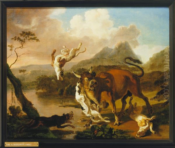 Honden vallen een stier aan Oil Painting by Abraham Danielsz. Hondius