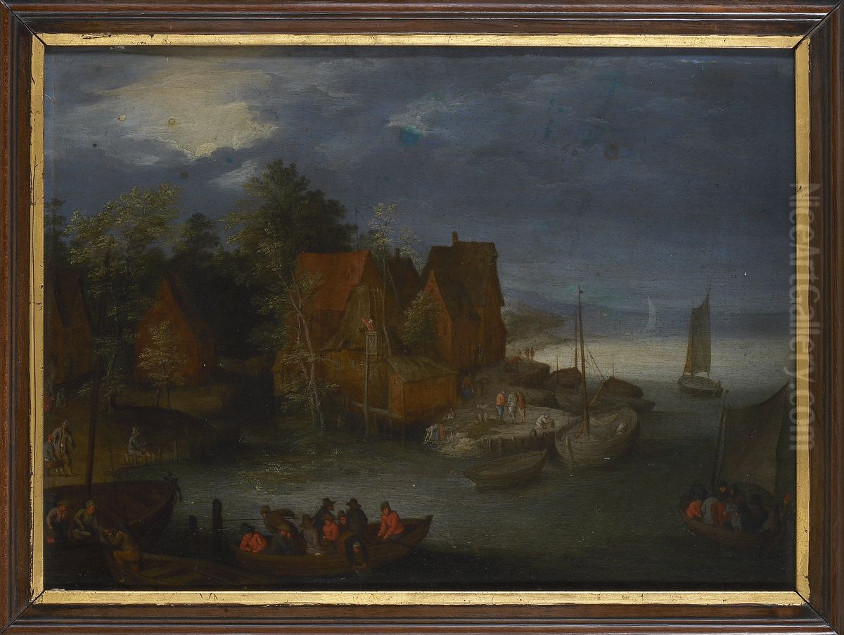 Dorp aan een rivier, met een veer Oil Painting by Jan Brughel