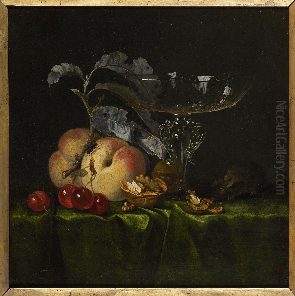 Stilleven met perziken, walnoten, muis en Venetiaans wijnglas Oil Painting by Hendrick Fromantiou