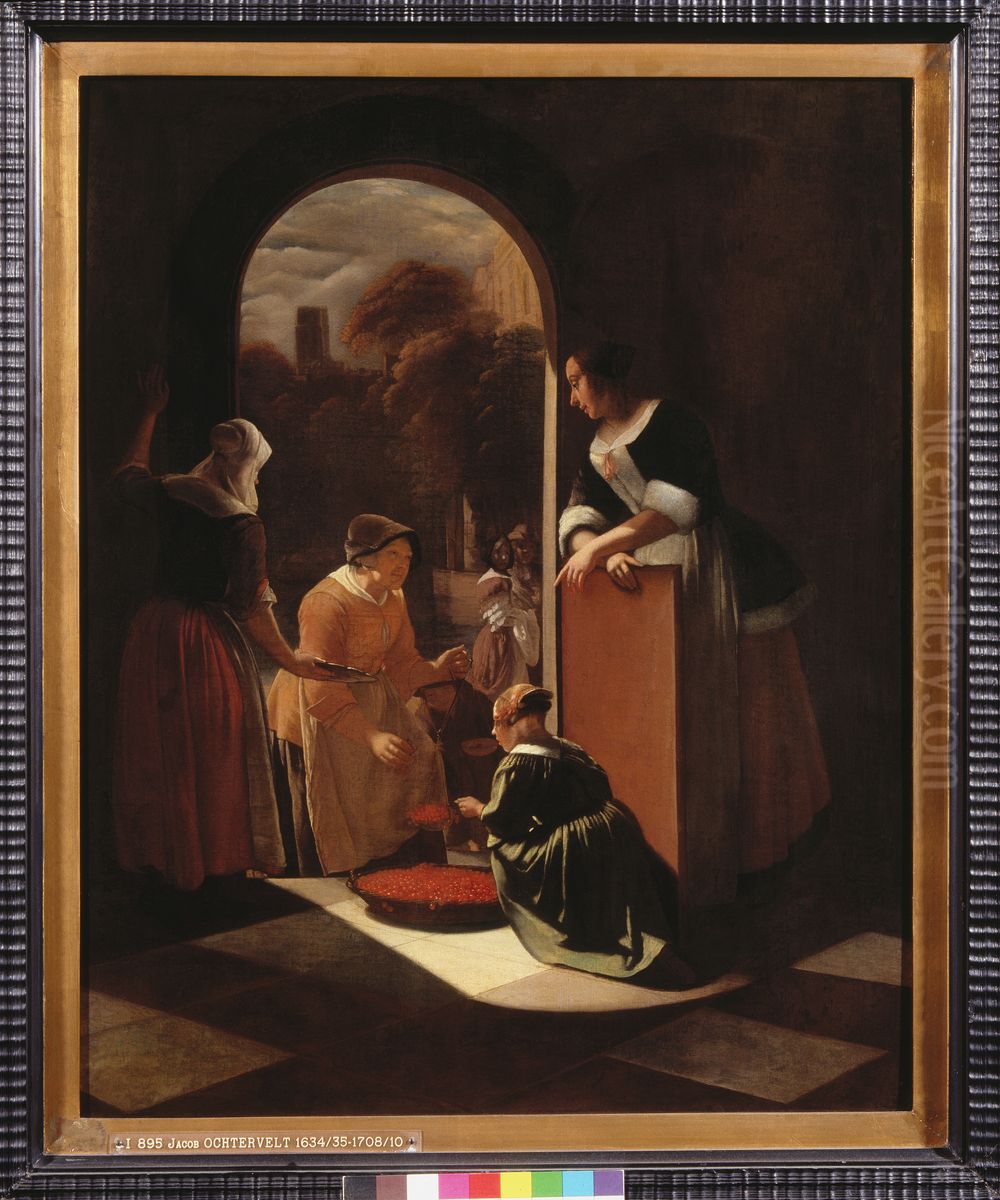Kersenverkoopster Oil Painting by Jacob Ochtervelt