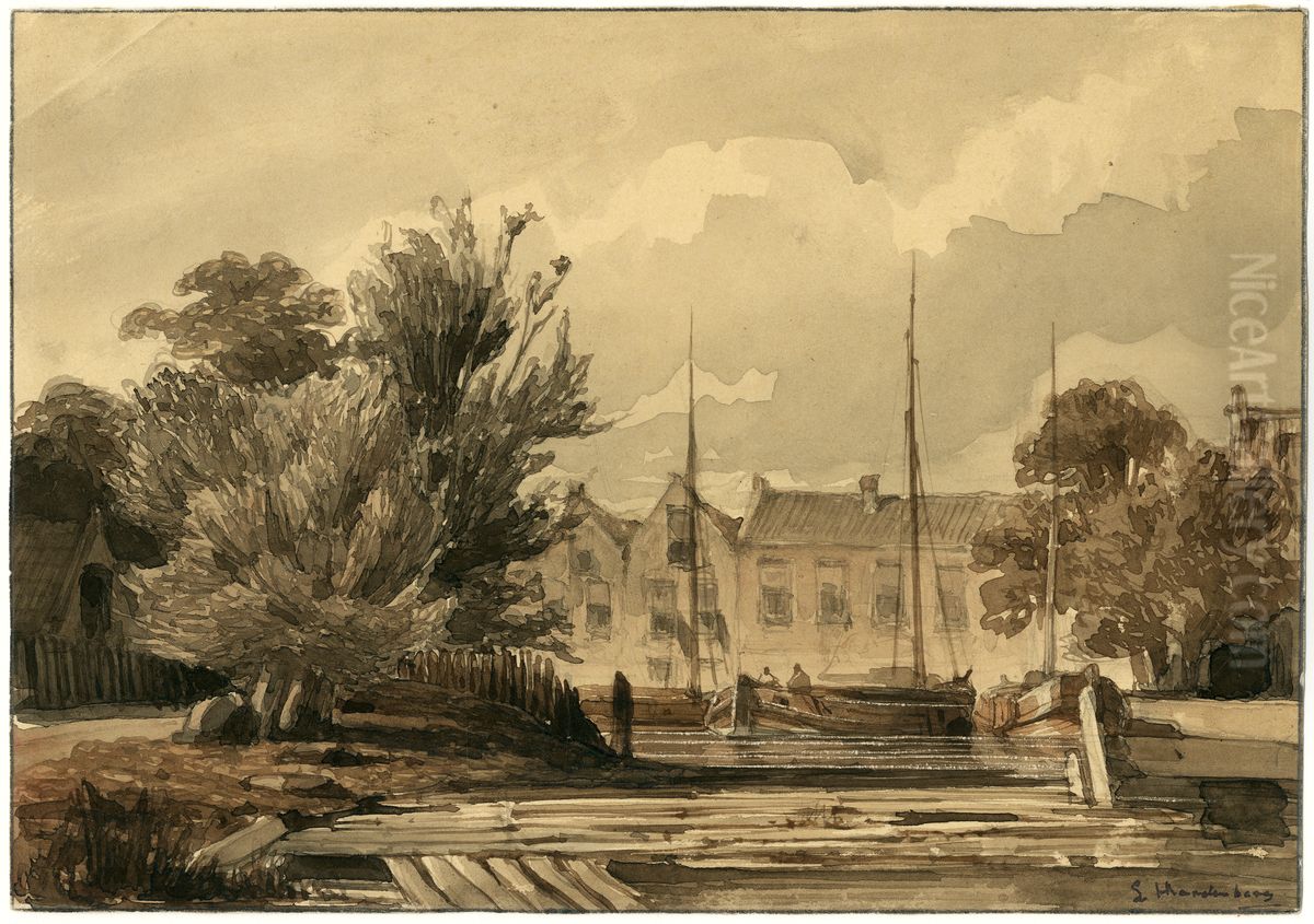 Een balkenhaven in een stad Oil Painting by Lambertus Hardenberg