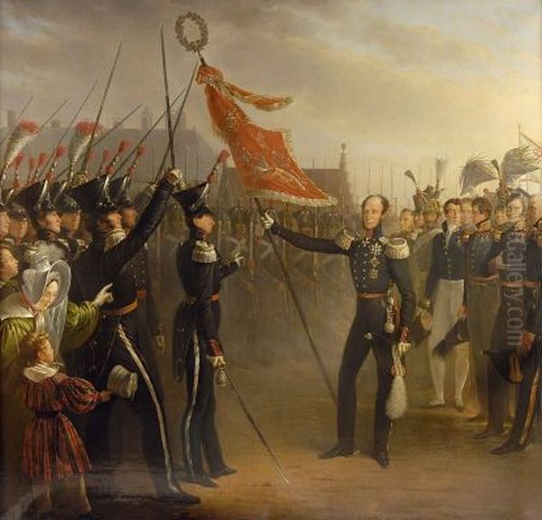 The transfer of the banner by the Prince of Orange (Willem II) to the militia of Den Bosch on 24 July 1831 Oil Painting by Dominicus Franciscus du Bois