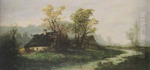 Landscape with huts. Oil Painting by Aleksander Mroczkowski