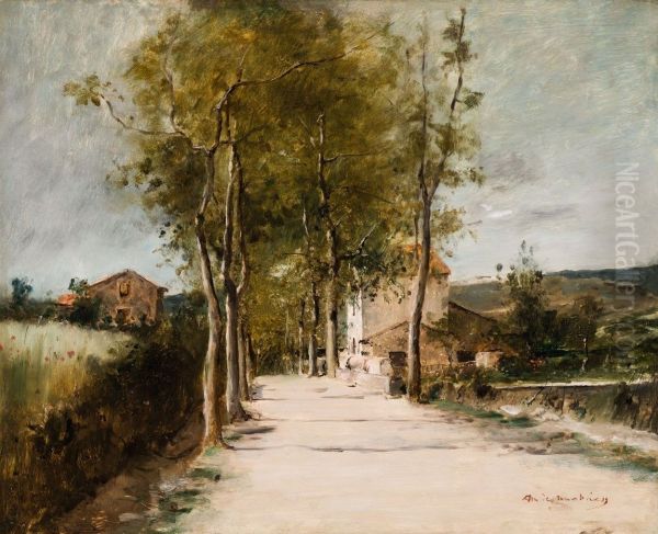 Tajkep fasorral, emeletes hazzal Oil Painting by Mihaly Munkacsy