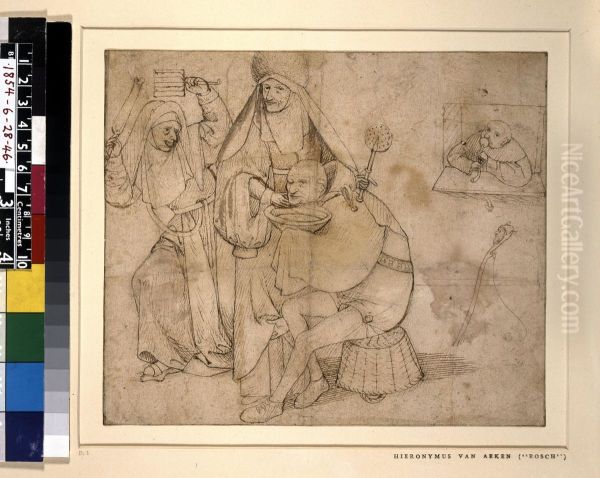 A fool, seated on a basket, about to be shaved by a nun holding a wafer iron Oil Painting by Hieronymus Bosch