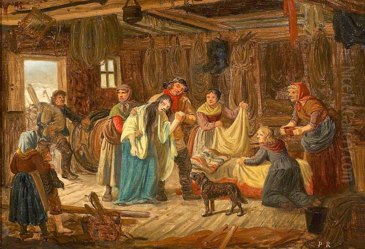 People in a fisherman's shed. Oil Painting by Johan Peter Raadsig