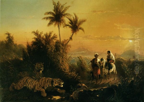 Tijgers besluipen een man, vrouw en kind / Rust op de vlucht naar Egypte Oil Painting by Raden Saleh