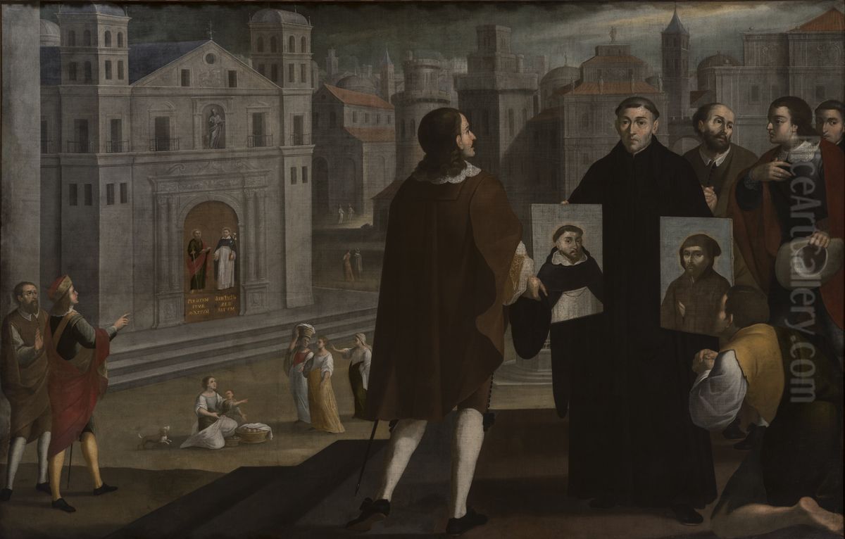 Joachim of Fiore shows the portraits of Saint Dominic de Guzman and Saint Francis of Assisi Oil Painting by Gregorio Vasquez de Arce y Ceballos