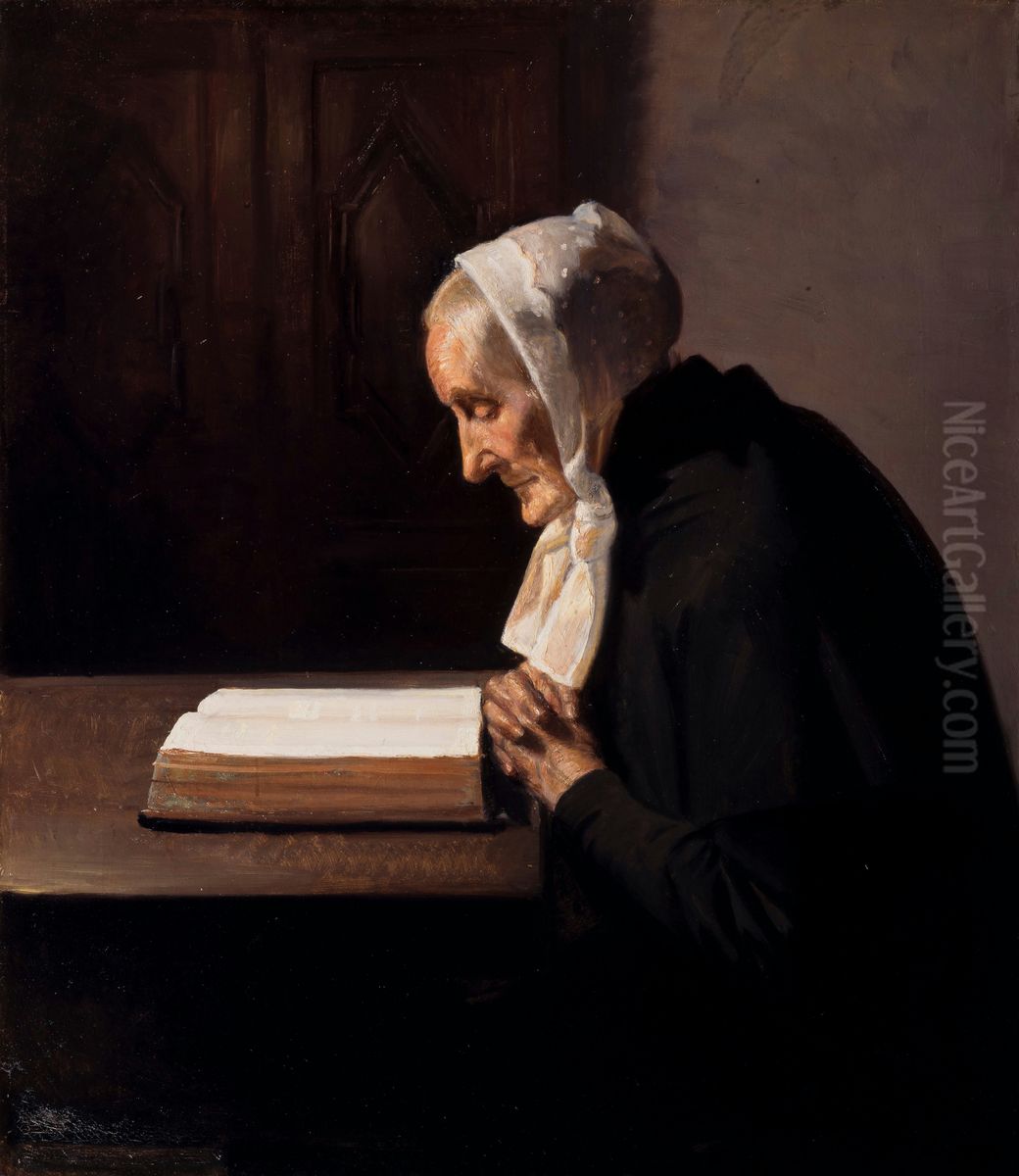 Fru Brondum laeser i Bibelen. Oil Painting by Michael Peter Ancher