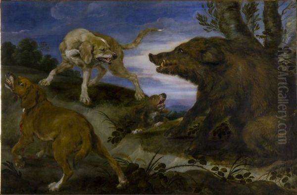 Boar hunting Oil Painting by Paul de Vos