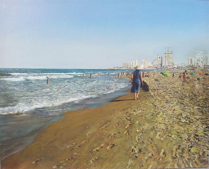 A woman walking on the beach Oil Painting by Nurit Shany