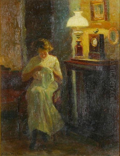Interior with a woman sewing. Oil Painting by Poul Friis Nybo