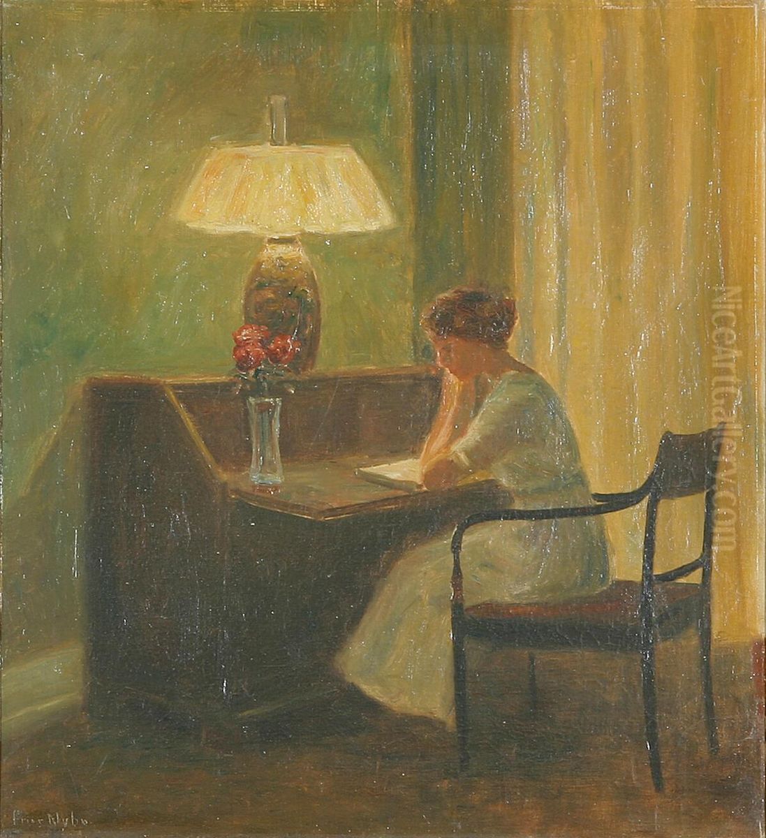 Interior with a woman reading. Oil Painting by Poul Friis Nybo