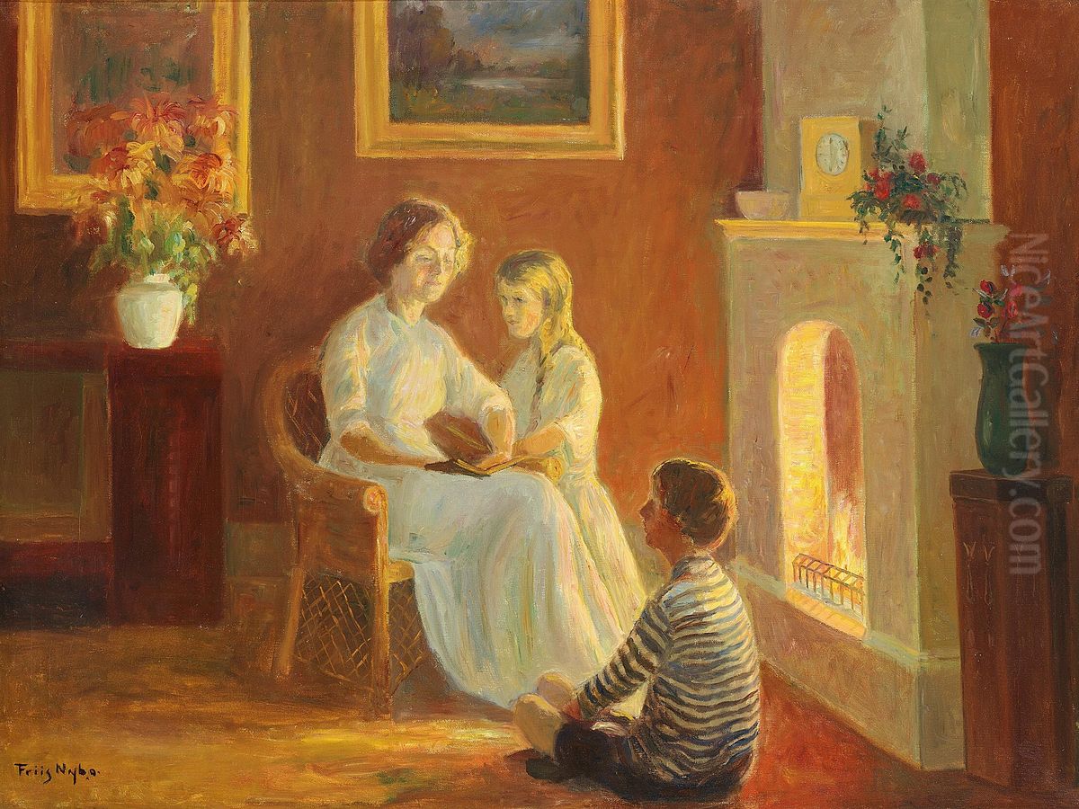 A mother reading to her children in front of the fireplace. Oil Painting by Poul Friis Nybo